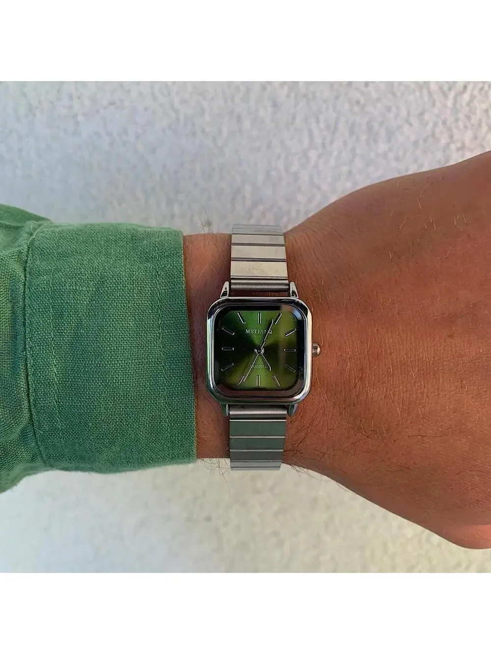 Green Face Stainless silver square watch. Classy sporty style watch. Stainless